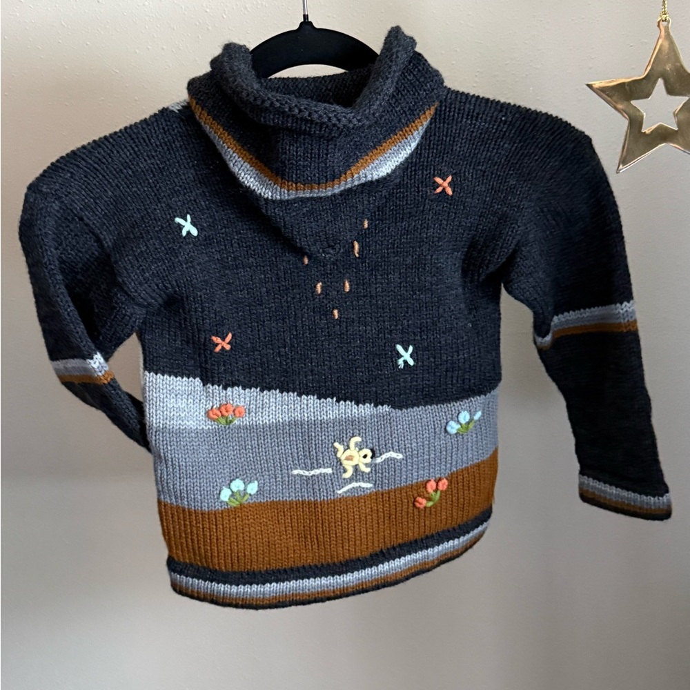 Handmade Peru Baby Zip Sweater 12-18M Embroidered Hooded Cardigan - Picture 5 of 5